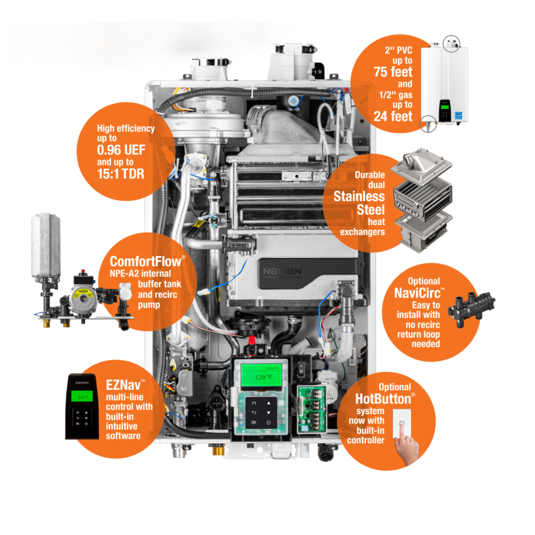 Navien NPE-A2 Series Condensing Tankless Water Heaters w/ Recirculating Pump and Isolation Valves