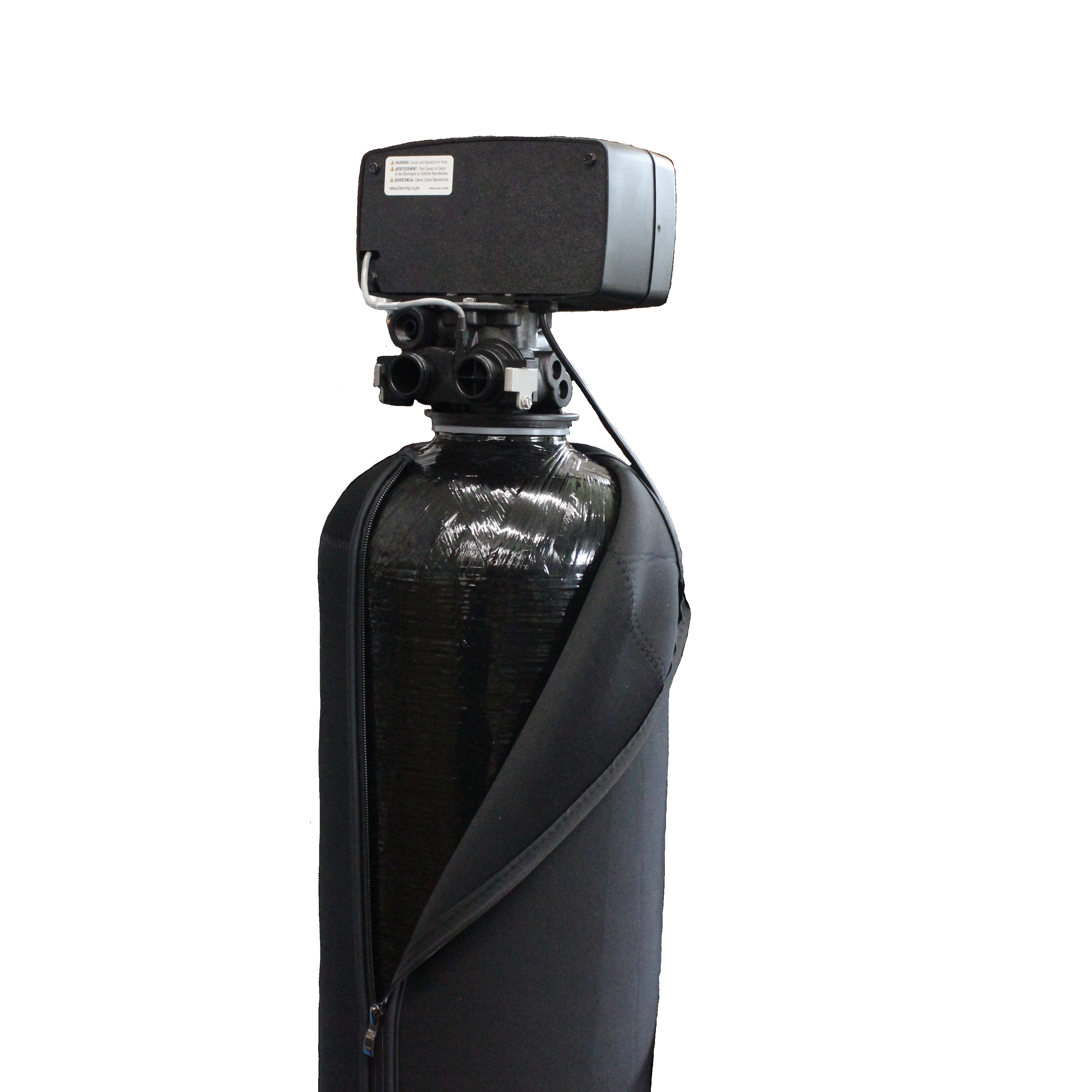 A black water softener sweat jacket designed to cover and protect the water softener from condensation and mold buildup.